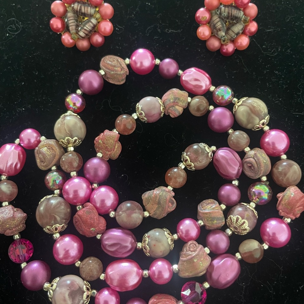 VINTAGE Pink and Brown Beaded Necklace and Earring Set